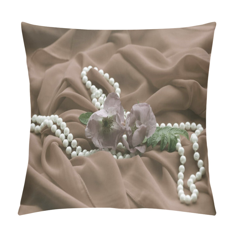 Personality  Close-up Of Fabric With A Rose And Pearl Necklace In Mocha Mousse  Pillow Covers