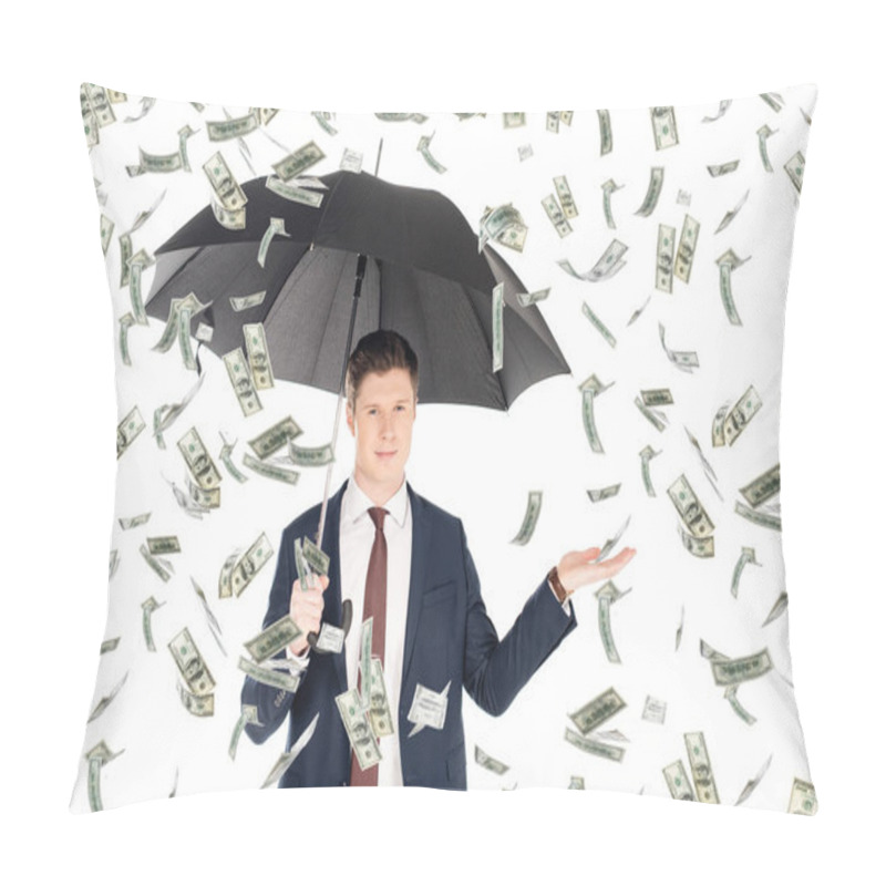 Personality  Successful Businessman In Suit With Umbrella Gesturing Under Money Rain Pillow Covers