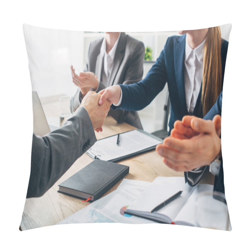 Personality  Cropped View Of Employee Shaking Hands With Recruiter Near Colleagues During Job Interview  Pillow Covers