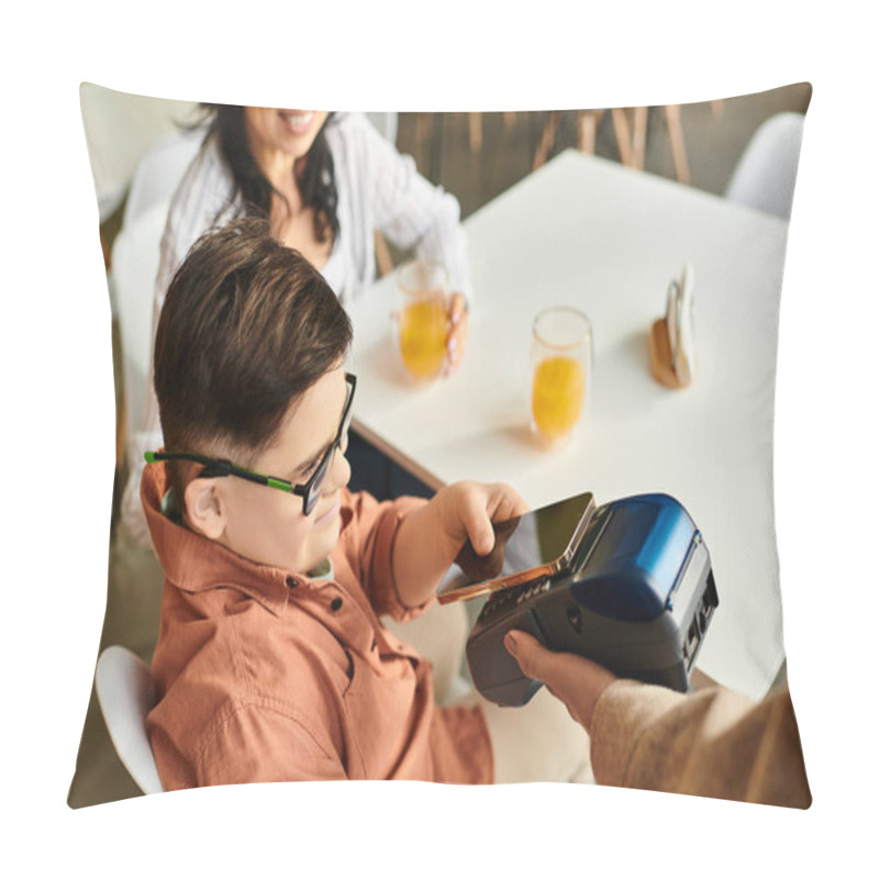 Personality  Adorable Inclusive Boy With Down Syndrome Paying With Smartphone In Cafe Near His Jolly Mother Pillow Covers