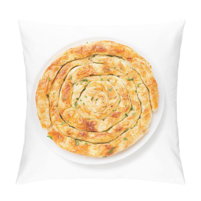 Personality  Traditional Feta Cheese Phyllo Pastry Pie Isolated On White Background . Top View Pillow Covers