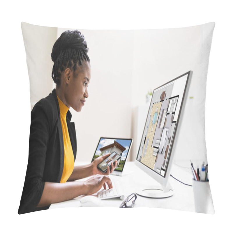 Personality  African American Home Assessor Woman Using Computer Pillow Covers