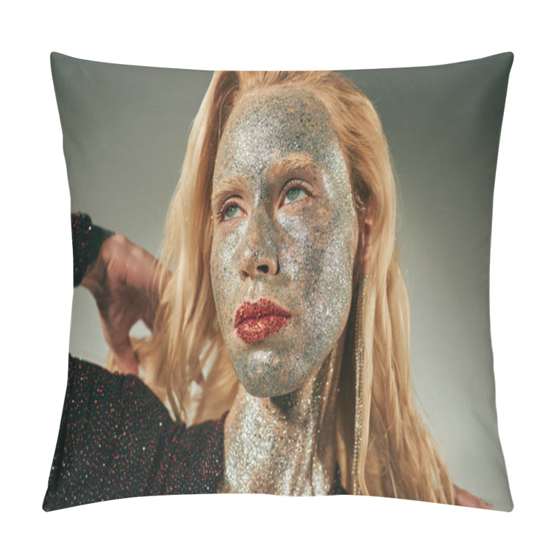 Personality  Portrait, Dreamy Woman In Shiny Dress With Glitter All Over Body And Face Posing On Grey Backdrop Pillow Covers