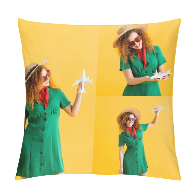 Personality  Collage Of Young Woman In Straw Hat And Sunglasses Holding Toy Plane On Yellow Pillow Covers