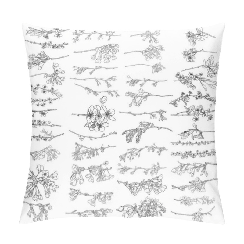 Personality  Set Of Sakura Flowers Blooms. Cherry Flowers Blossom Twigs. Leaves Buds And Pops Botanical Illustrations Collection. Black And White National Traditional Tree Branches Spring Opening Set, Vector. Pillow Covers