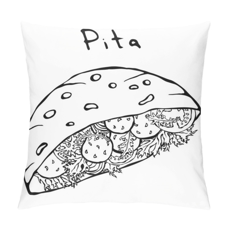 Personality  Falafel Pita Or Meatball Salad In Pocket Bread. Arabic Israel Healthy Fast Food Bakery. Jewish Street Food. Realistic Hand Drawn Illustration. Savoyar Doodle Style Pillow Covers