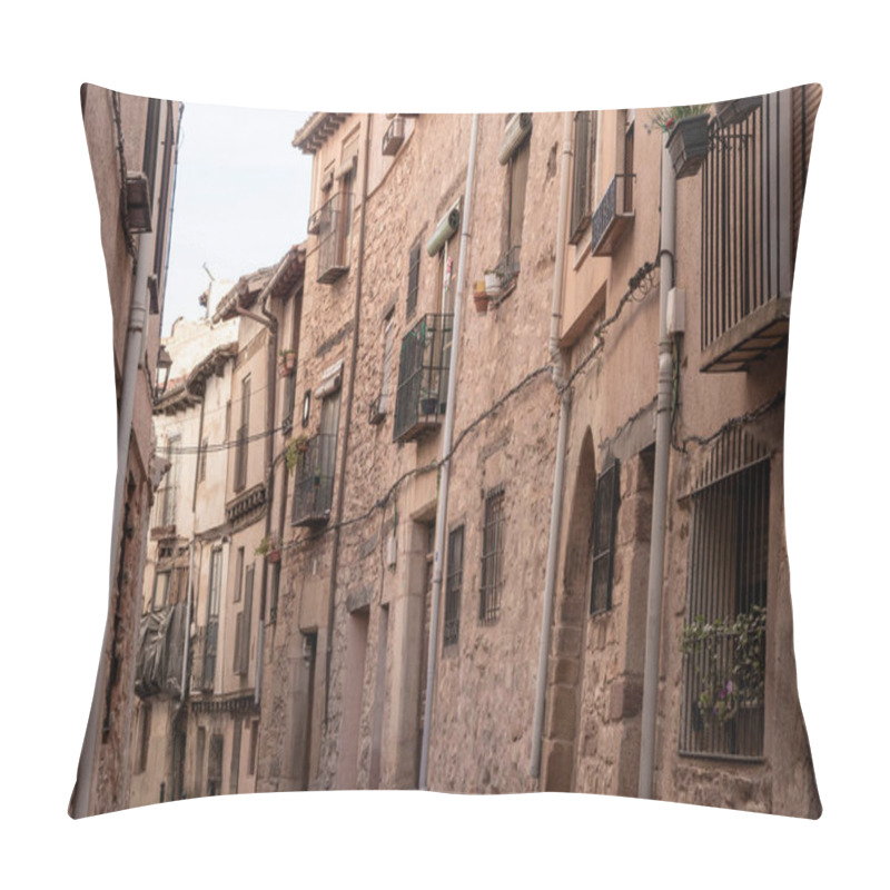 Personality  Narrow Cobblestone Street With Rustic Stone Buildings And Balconies In A Charming Historic Spanish Village Pillow Covers