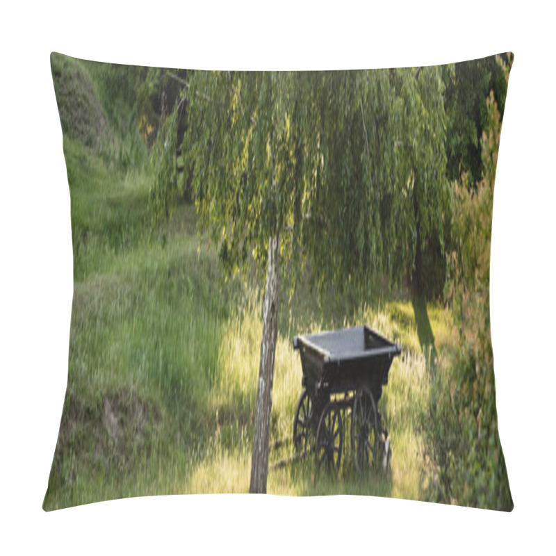 Personality  Rustic Cart On Green Lawn Under Birch Tree In Sunshine, Banner Pillow Covers