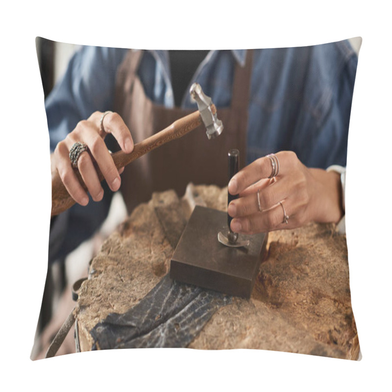 Personality  The Artisan Delicately Hammers Metal While Expertly Shaping Jewels In A Warm Workspace. Pillow Covers