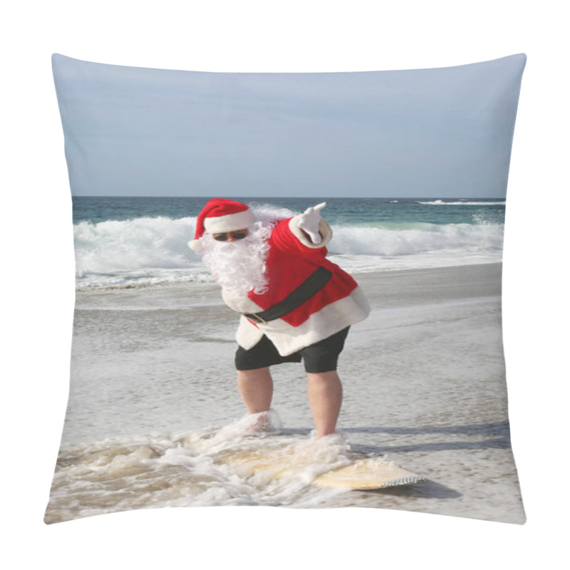 Personality  Surfing Santa. Santa Claus Is Riding A Surf Board. Santa Claus In Sunglasses Surfing In The Ocean. Santa Claus Surfs On His Surf Board While On A Beautiful Beach With A Blue Ocean. Christmas Vacation. Pillow Covers