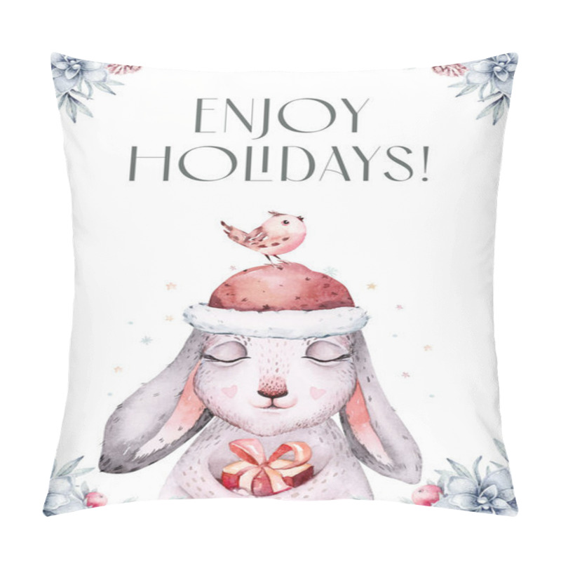 Personality  Watercolor New Year Baby Bunny Portrait Illlustration Oster. Merry Christmas Postcard Cute Cartoon Rabbit In Floral Wreath. Symbol Of The Year 2023. Pillow Covers