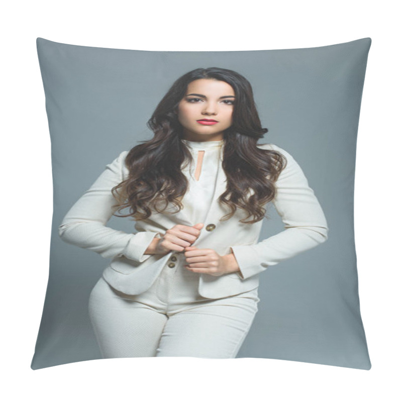 Personality  Beautiful Elegant Woman In White Suit, Isolated On Grey Pillow Covers