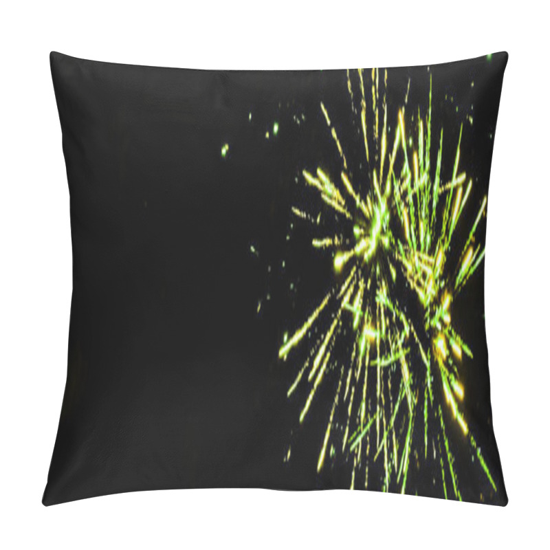 Personality  Panoramic Shot Of Green Festive Fireworks On Party, Isolated On Black Pillow Covers