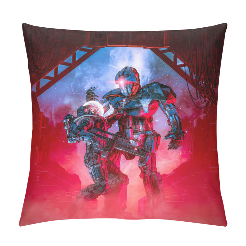 Personality  You May Not Pass / 3D Illustration Of Retro Science Fiction Scene Showing Armoured Military Astronaut Battling Giant Alien Robot In Space Ship Airlock Pillow Covers