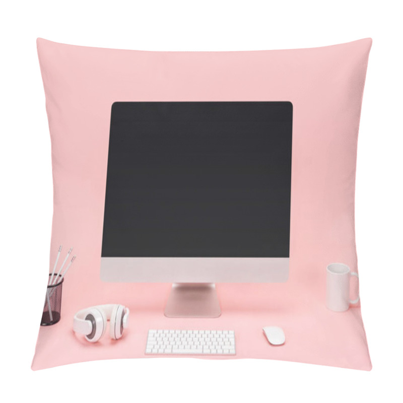 Personality  Workplace With Computer, Cup, Headphones And Pencils On Pink Background Pillow Covers