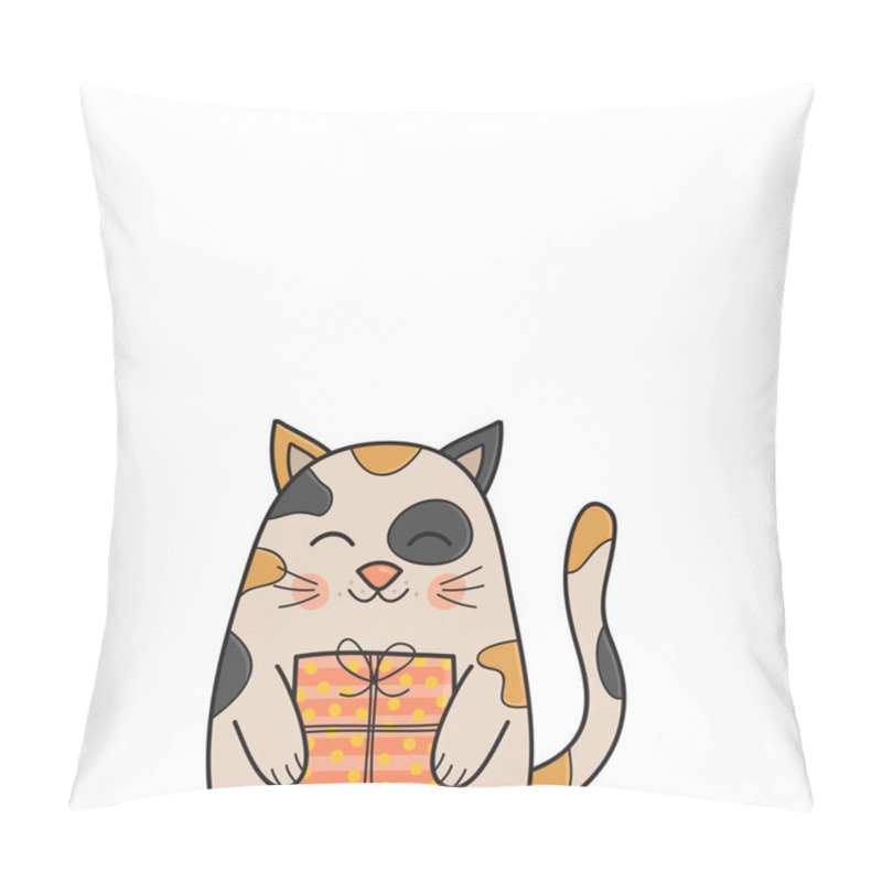 Personality  Funny Birthday Cat Vector Illustration. Hand Drawn Greeting Card With Cute Calico Kitten Holding Gift. Isolated. Pillow Covers