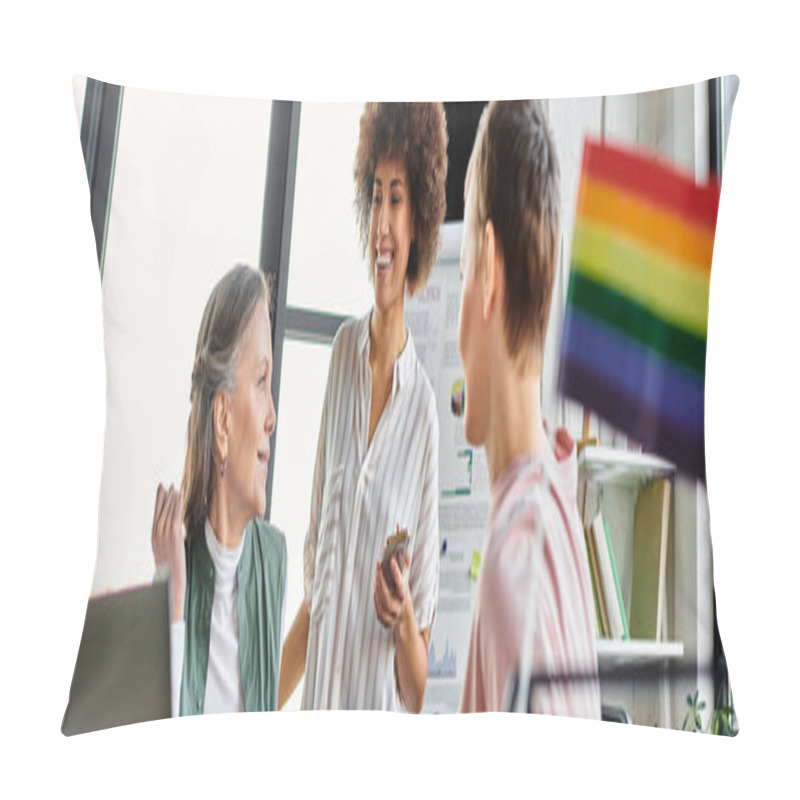 Personality  Merry Diverse Businesswomen Discussing Ideas At Desk In Modern Office. Pillow Covers