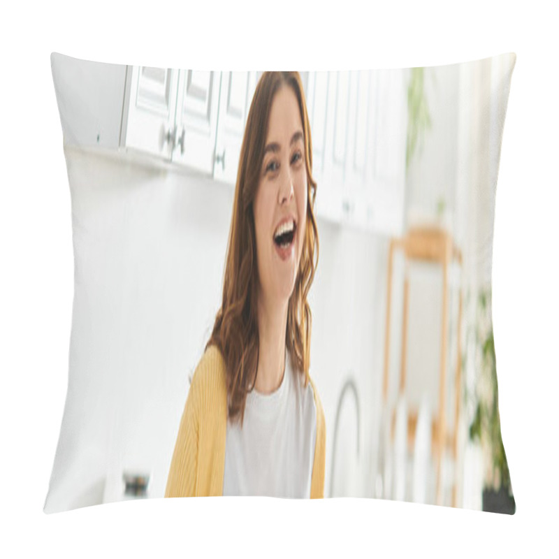 Personality  Middle-aged Woman Looking Surprised In Modern Kitchen. Pillow Covers