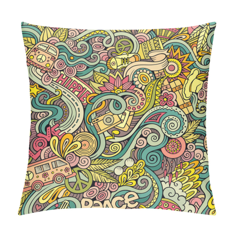 Personality  Cartoon Hand-drawn Doodles On The Subject Of Hippie Style Theme Seamless Pattern. Colorful Vector Background Pillow Covers