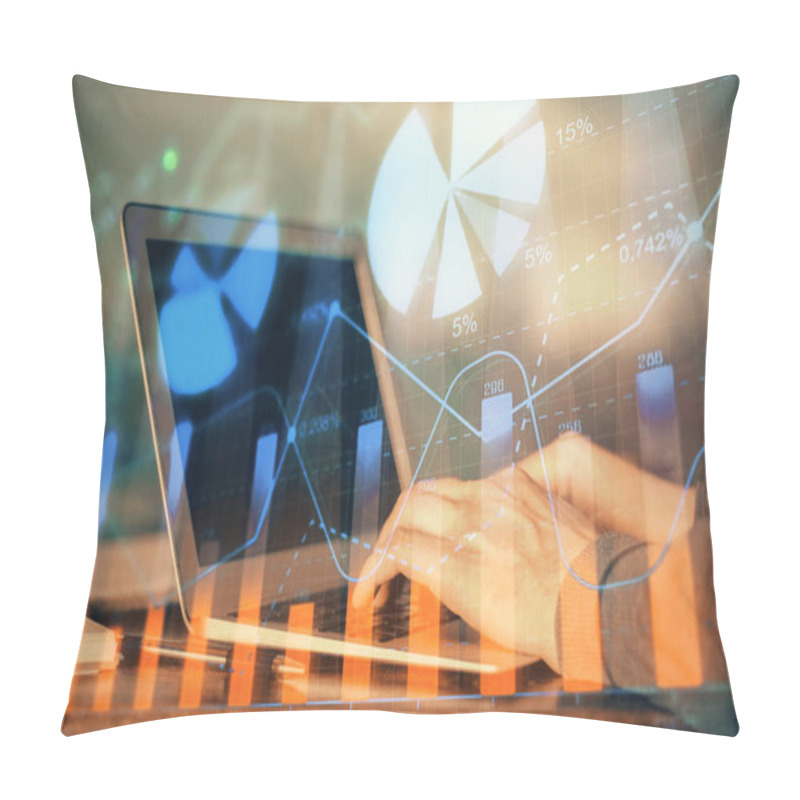 Personality  Double Exposure Of Mans Hands Writing Notes With Laptop Of Stock Market With Forex Graph Background. Top View. Concept Of Research And Trading. Pillow Covers