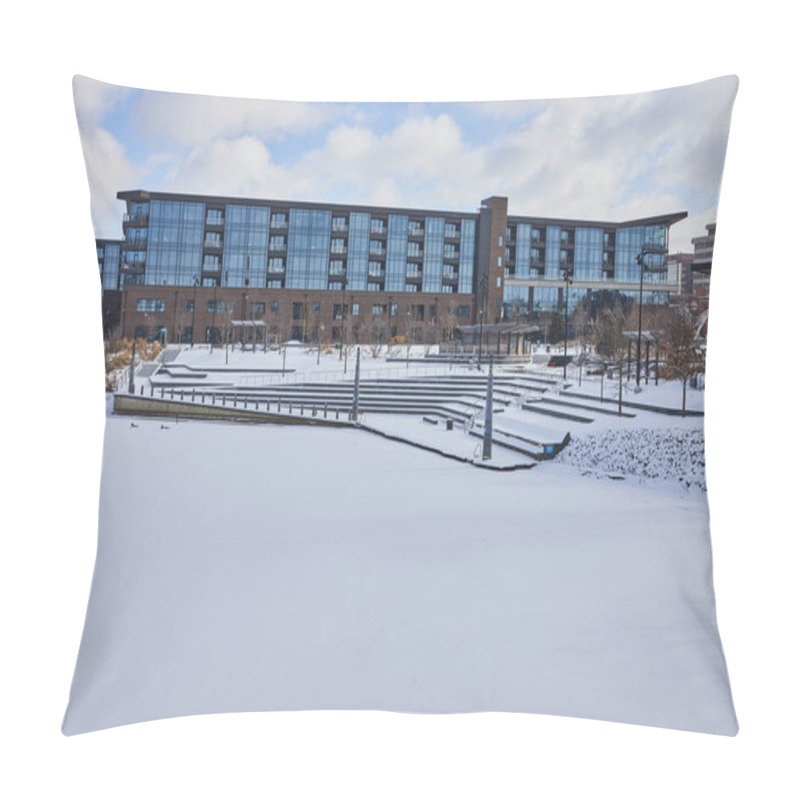 Personality  Snow-covered Promenade Park In Downtown Fort Wayne, Indiana Showcasing Serene Winter Cityscape With Modern Architecture. Pillow Covers