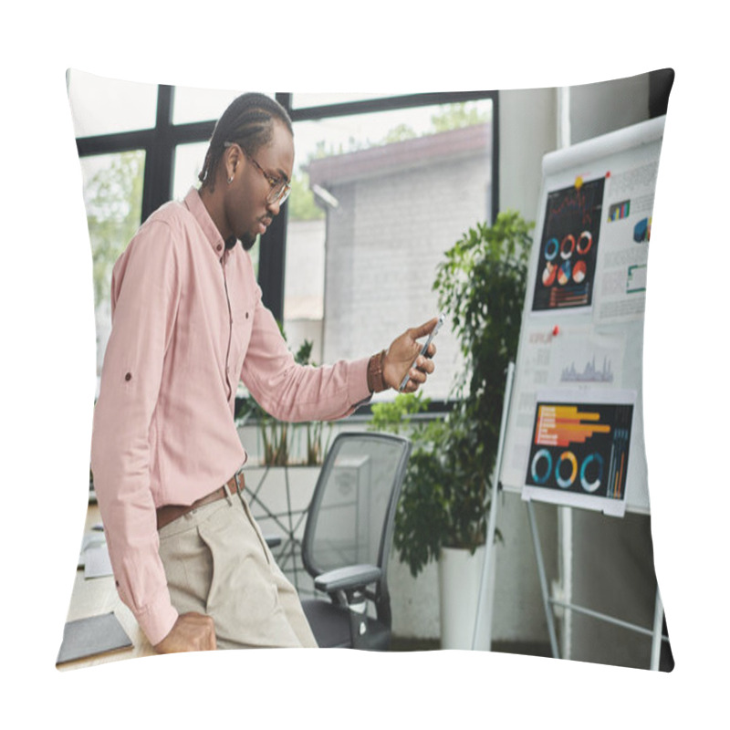 Personality  Focused Young Man Utilizes Technology While Analyzing Data In A Bright Office Environment Pillow Covers