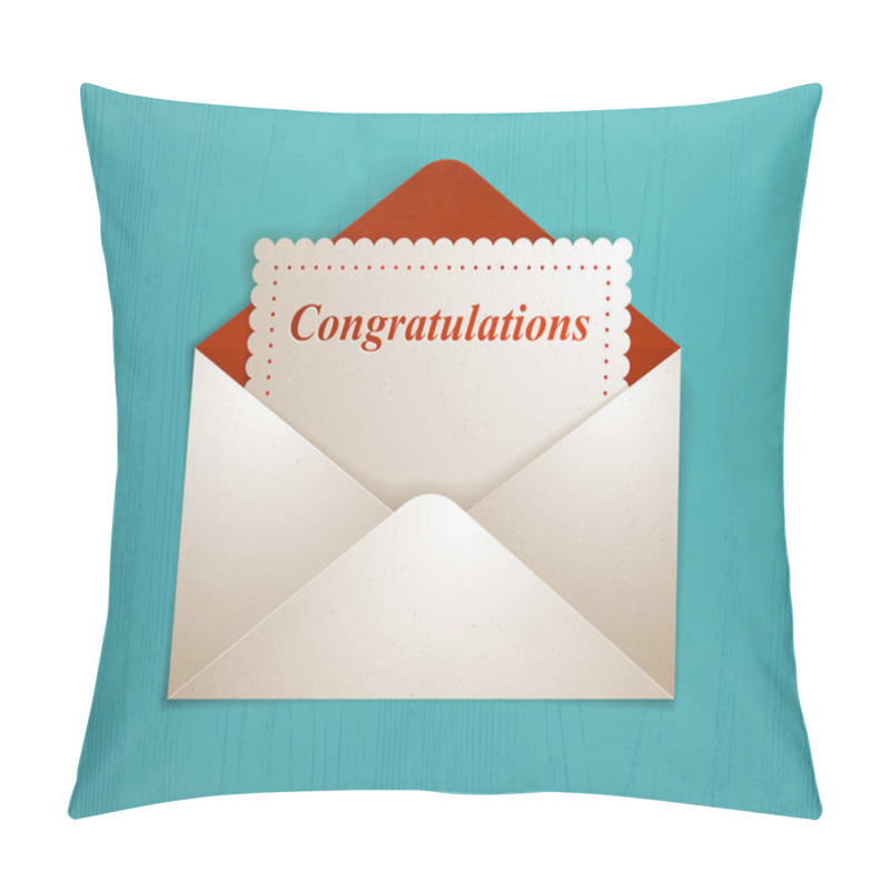 Personality  Postal Envelope With Congratulations Card Over Wooden Background Realistic Vector Paper Illustration, Graphic Design Element Message Greeting Mail. Pillow Covers