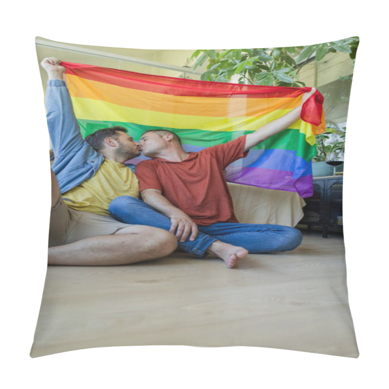 Personality  Two Men Kissing While Holding A Vibrant Rainbow Flag, Expressing Their Love And Pride In Their Home, Celebrating Their Relationship With Joy And Affection In A Warm, Intimate Setting Pillow Covers