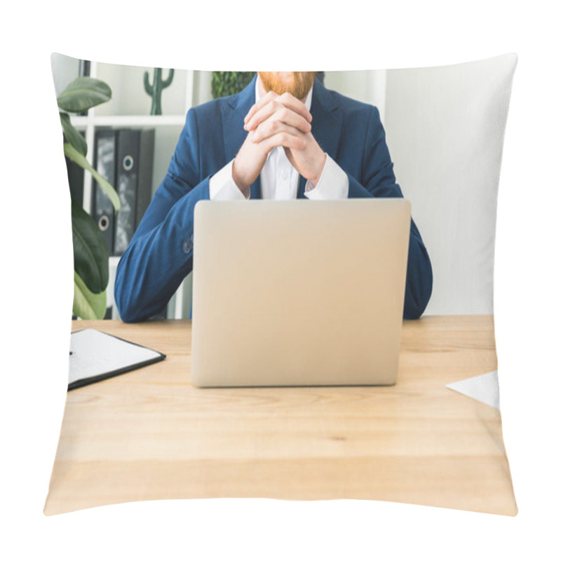 Personality  Partial View Of Bearded Businessman In Suit Sitting At Workplace With Laptop In Office Pillow Covers