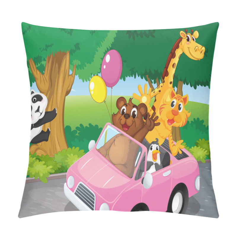 Personality  Bears Climbing And A Pink Car Full Of Animals Pillow Covers