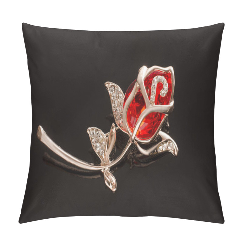 Personality  Gold Brooch Rose Flower With Red Stone Isolated On Black Pillow Covers