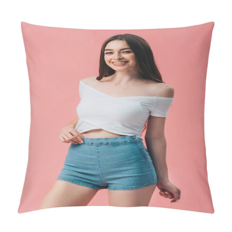 Personality  Beautiful Smiling Girl Posing Isolated On Pink Pillow Covers