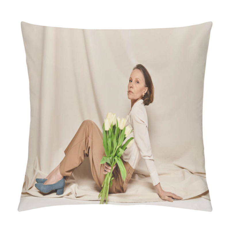 Personality  A Graceful Woman Holds A Bouquet Of Tulips On A White Background. Pillow Covers