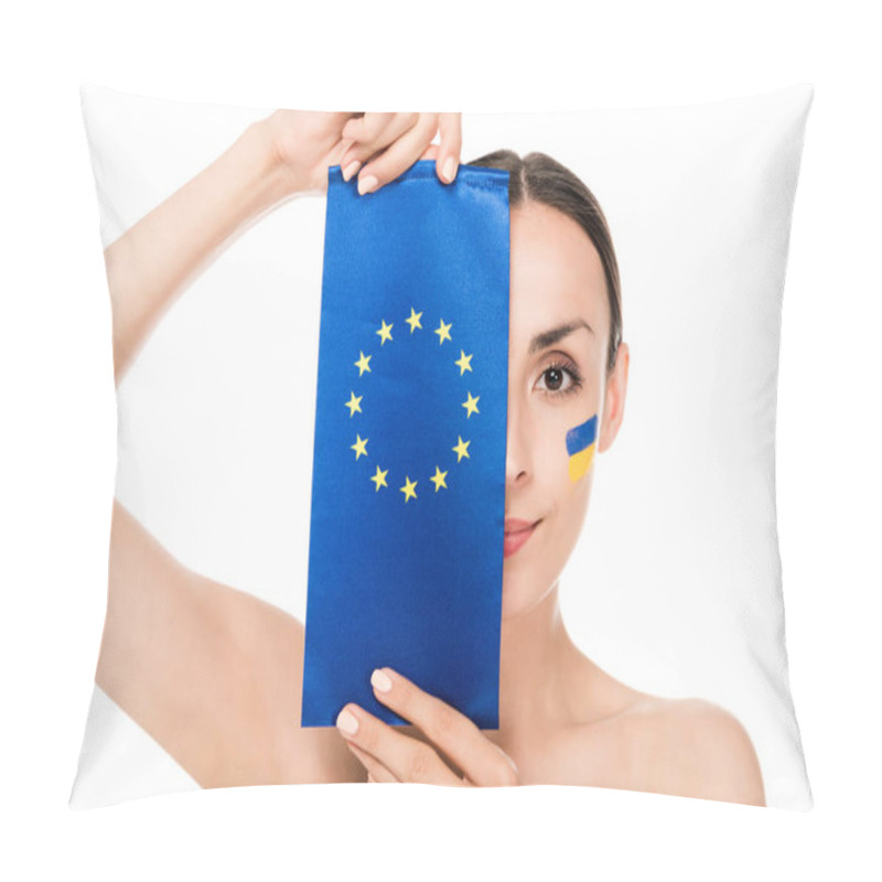 Personality  Naked Young Woman With Painted Ukrainian Flag On Face Holding Flag Of Europe Isolated On White Pillow Covers