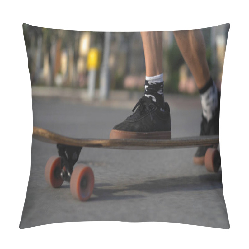 Personality  The Skateboarders Legs Ride On The Board On The City Road. Pillow Covers