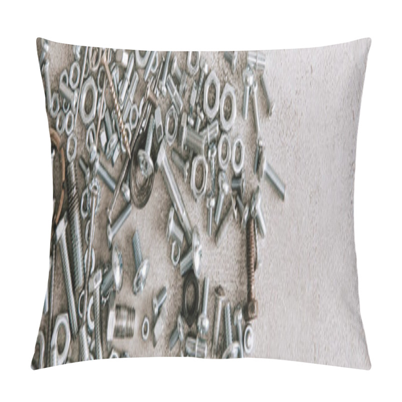 Personality  Top View Of Metal Screws And Nails Scattered On Grey Background, Panoramic Shot Pillow Covers