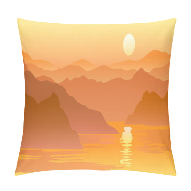 Personality  Nature Vector Background, Landscape With Mountains And Sun. Panorama Of Mountains, Wilderness, Sands, Valley On Sunset Or Sunrise. Pillow Covers