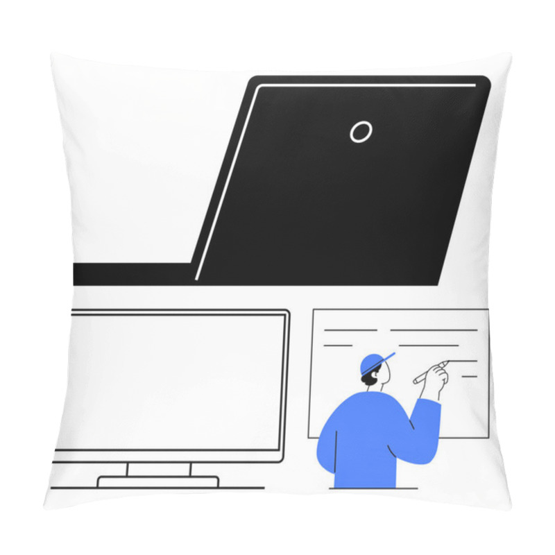 Personality  Laptop, Computer Monitor, And Person Writing On A Whiteboard Wearing A Cap And Blue Shirt. Ideal For Education, Training, Work-from-home, Webinars, Tech Workshops, Online Meetings Presentations Pillow Covers