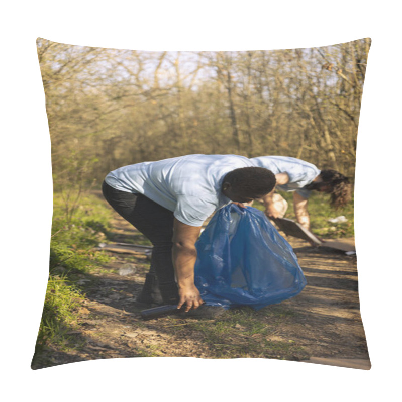 Personality  African American Woman Picking Up Rubbish And Plastic Waste From The Forest, Doing Voluntary Work To Clear And Preserve The Nature. Volunteer Using Disposal Bag To Collect Garbage Junk. Pillow Covers