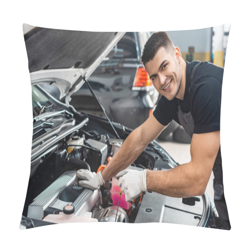 Personality  Handsome Mechanic Checking Engine Oil Level With Dipstick And Smiling At Camera Pillow Covers