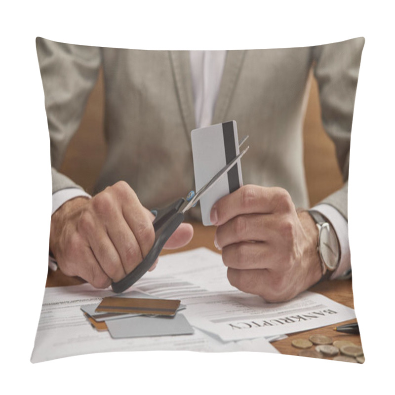 Personality  Partial View Of Businessman In Suit Cutting Credit Card With Scissors At Wooden Table  Pillow Covers