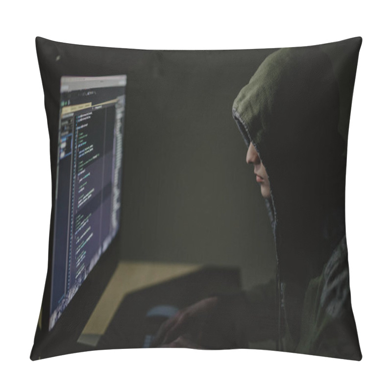 Personality  Hooded Computer Hacker Stealing Information With Pc In Dark Room Background Pillow Covers