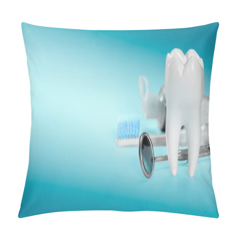 Personality  White Big Healthy Tooth And Different Tools For Dental Care, On Gradient Dental Background. Banner Size Pillow Covers