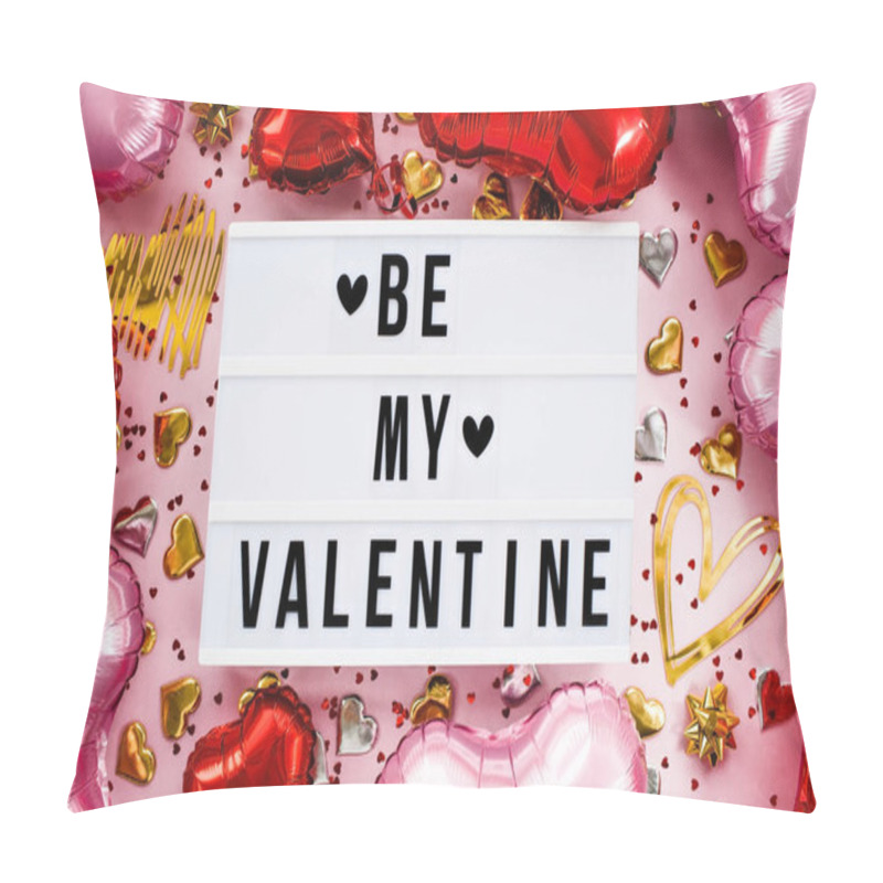 Personality  Stylish Text Frame With The Inscription Be My Valentine. Pink, Red And Gold Hearts All Around. Foil Balloons Top View Of Valentine's Day. Copyspace. Pillow Covers