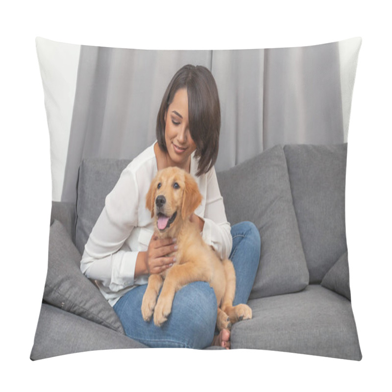 Personality  Woman Sitting Together With Her Young Dog On Sofa At Home Pillow Covers