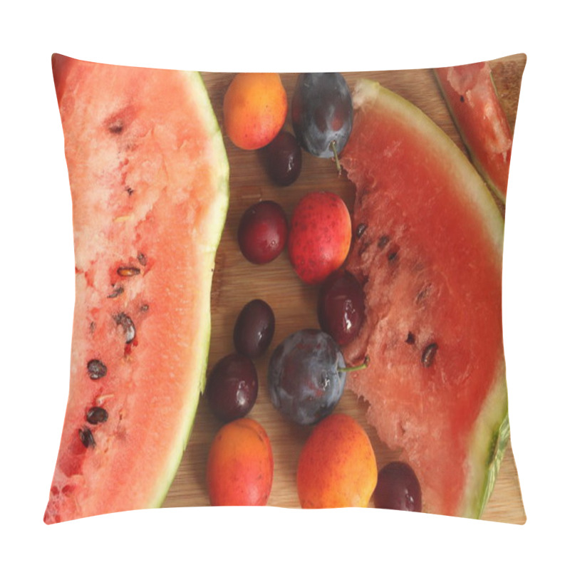 Personality  Juicy Ripe Pieces Of Watermelon, Apricots And Plums On A Wooden Table Close-up. Summer Berry Composition. Pillow Covers