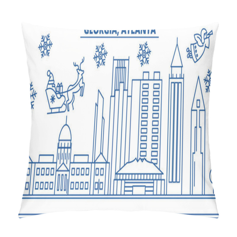 Personality  USA, Georgia , Atlanta Winter City Skyline. Merry Christmas And Happy New Year Decorated Banner. Winter Greeting Card With Snow And Santa Claus. Flat, Line Vector. Linear Christmas Illustration Pillow Covers