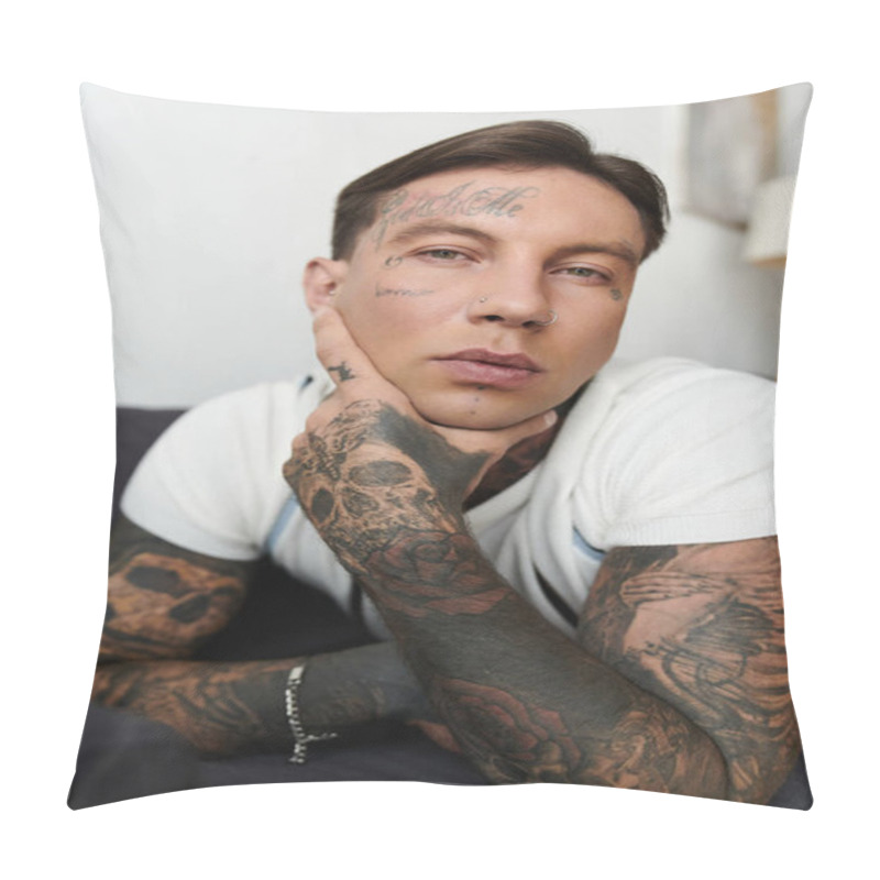 Personality  Handsome Young Man With Tattoos Sits Calmly, Resting His Chin On His Hand In A Relaxed Atmosphere. Pillow Covers