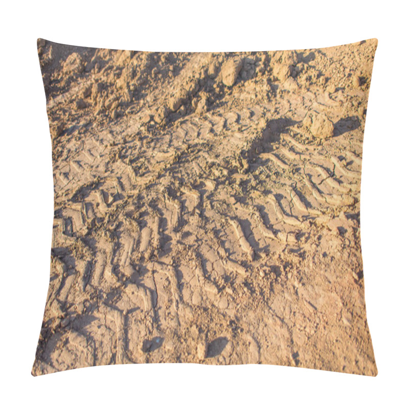 Personality  Track From The Tread On The Ground. Imprint Tires On Wet Clay. Brown Dirt With Traces From The Wheels Of The Car. Traces Of The Tread Of Different Machines In The Construction Of The City. Pillow Covers