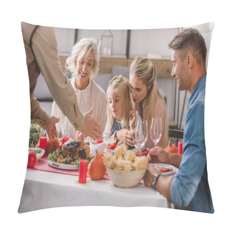 Personality  Family Members Sitting At Table And Grandfather Holding Plate With Turkey In Thanksgiving Day       Pillow Covers